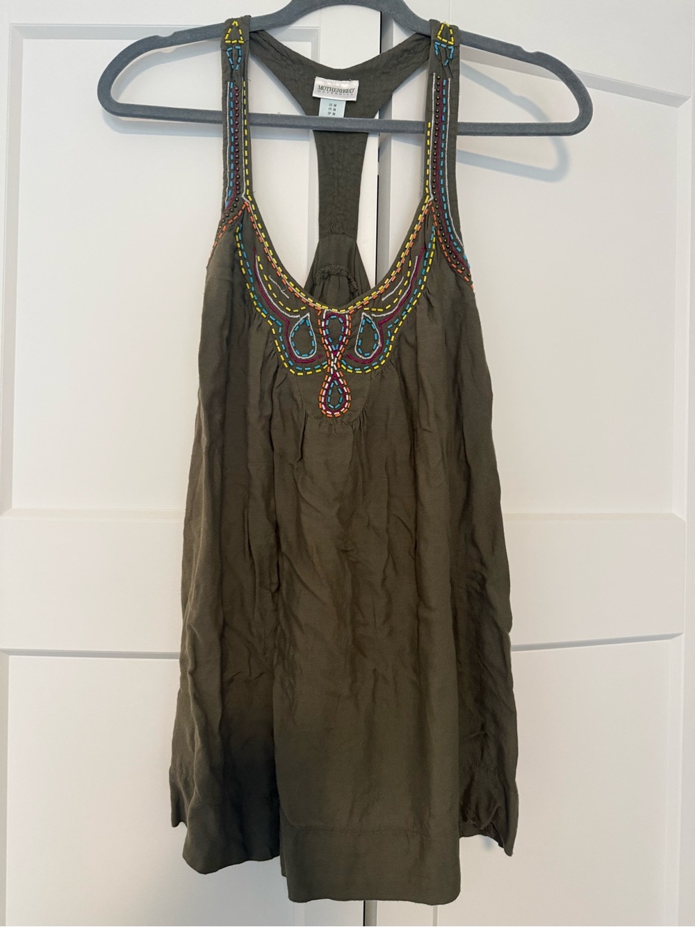Motherhood Maternity Olive Green Racerback Tank with Colorful Embroidery